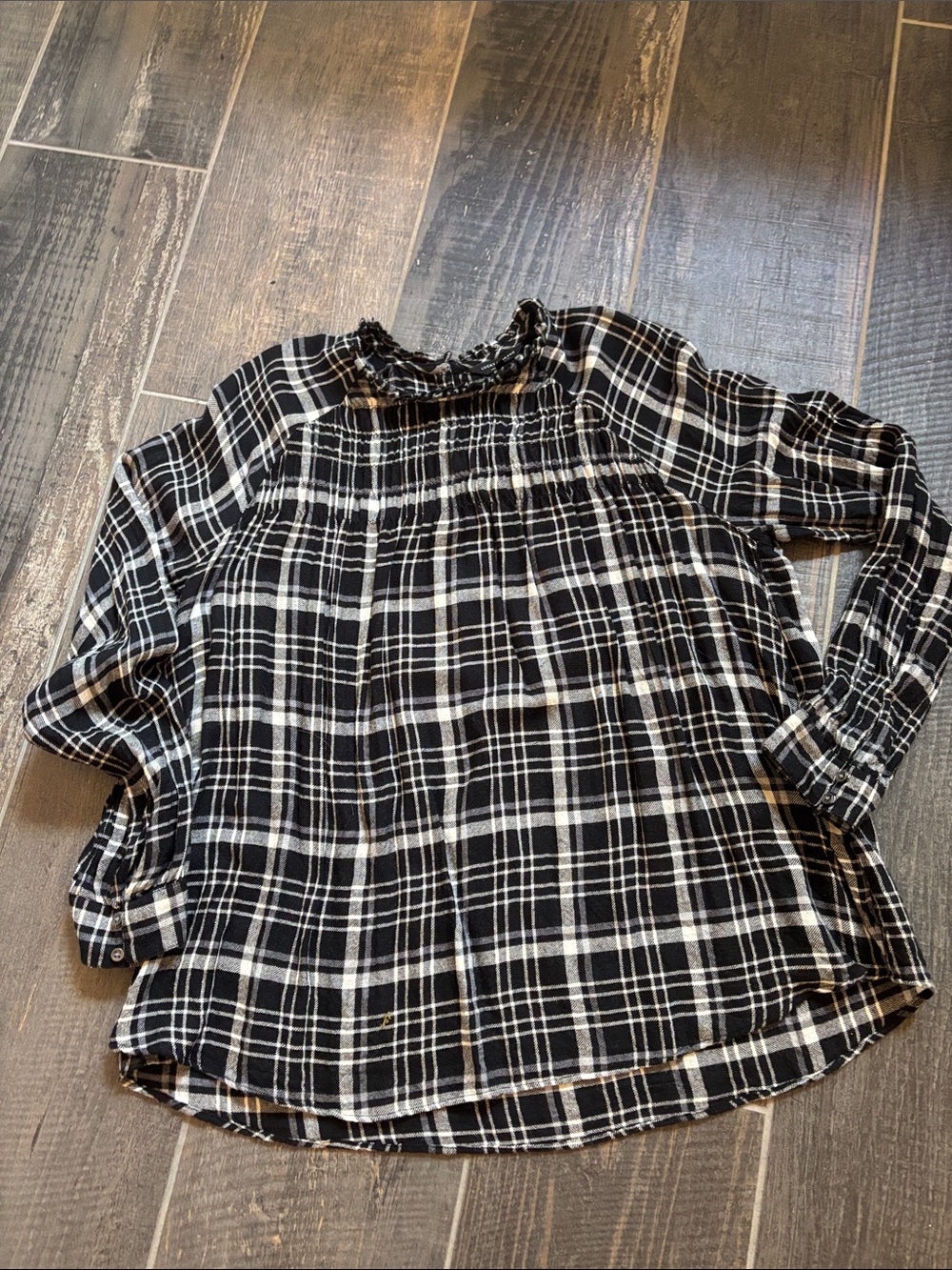 Lucky Brand Black and White Plaid Smocked Yoke Blouse
